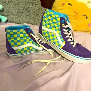 Purple and green vans high tops. only worn twice.